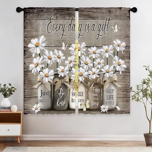 Miniatura 32 de Cortinas de Cocina de Girasol Estilo Granja, Cortinas de Ventana Cortas Pequeñas de Café con Flores Rústicas Florales del Campo, Cortinas de Ventana