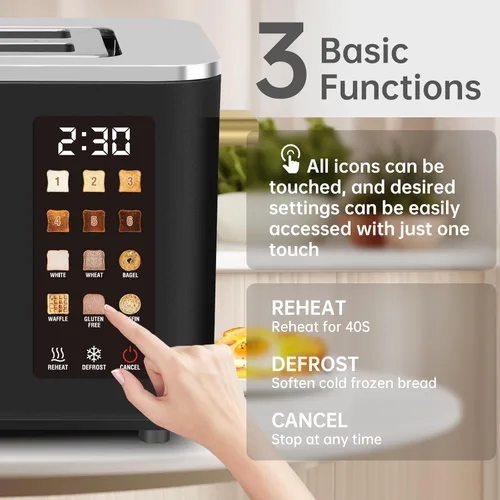 Miniatura 2 de SEEDEEM Tostadora de 2 rebanadas, pantalla de control táctil, tostadora inteligente de acero inoxidable, 6 configuraciones de tostado, selección