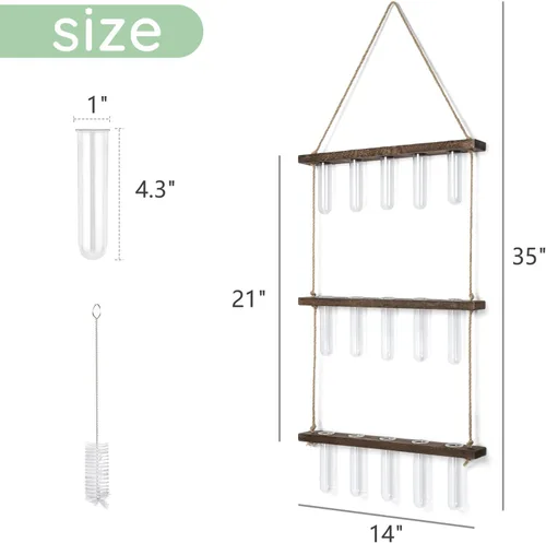 Miniatura 6 de Mkono Tubos de propagación de plantas, terrario colgante de pared de 3 niveles con soporte de madera, mini tubo de ensayo, florero de flores, Marrón
