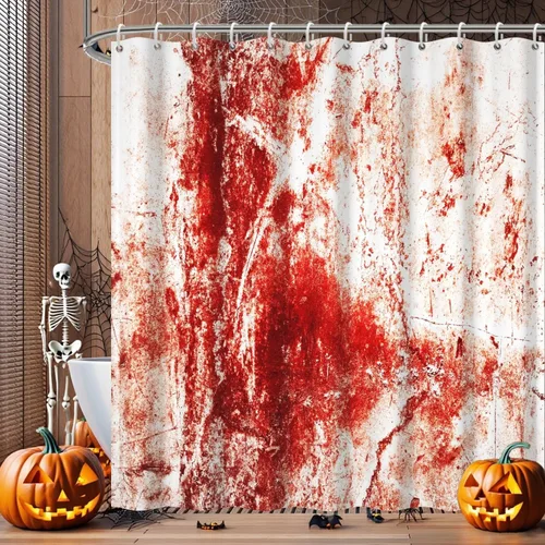 Miniatura 6 de Cortina de ducha de Halloween, juego de cortina de ducha de pared de sangre roja, 72 x 72 pulgadas con ganchos, decoración de Halloween horrible