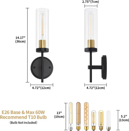 Miniatura 5 de Juego de 2 apliques de pared modernos, luces de tocador de baño negras y doradas con vidrio transparente, juego de 2 apliques de pared con cableado