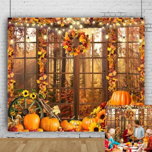 Miniatura 11 de Fondo de fotos de ventana de otoño de 7 x 5 pies, paisaje de bosque de otoño, hojas de arce, cosecha de calabaza, fondo de fotografía, tema