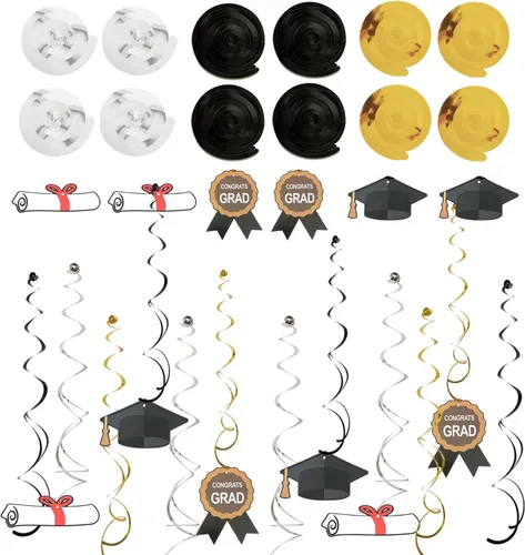 Miniatura 3 de ZERODECO Decoraciones para graduación, cartel en negro y dorado, pompones de papel espirales colgantes, confeti de papel, guirnaldas y globos