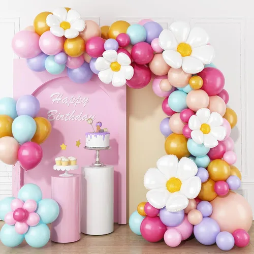 Kit de arco de globos pastel, guirnalda de arco de globos de margaritas con globos de látex de arco iris rosa macarrón, azul, morado, amarillo,