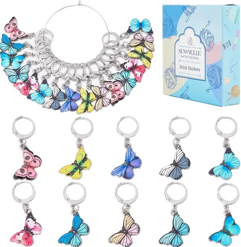 Miniatura 23 de SUNNYCLUE 1 Caja 30Pcs Marcadores de Puntada para Tejer y Ganchillo, Adornos de Flor de Margarita, Perlas de Perla, Tirador de Cremallera, Clip 30