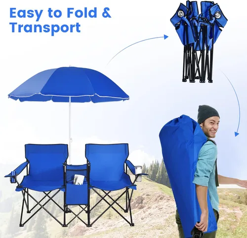 Miniatura 7 de Tangkula Sillas de campamento dobles con paraguas, silla de campamento plegable portátil de 2 asientos con bolsa enfriadora, soporte para bebidas