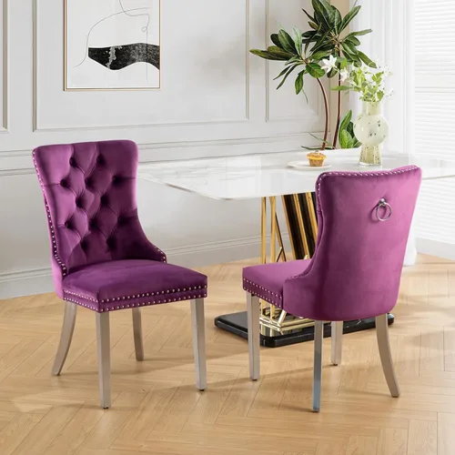 Miniatura 115 de SoarFlash Juego de 2 sillas de comedor de tela de lino, sillas de comedor tapizadas con ribete de cabeza de clavo y patas de madera de color claro