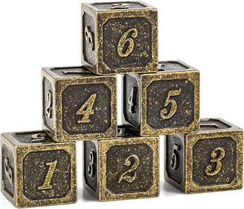 DNDND Juego de dados de 6 caras, 6 piezas de dados metálicos D6 de latón antiguo con bolsa de terciopelo negro gratis para D&D DND Pathfinder
