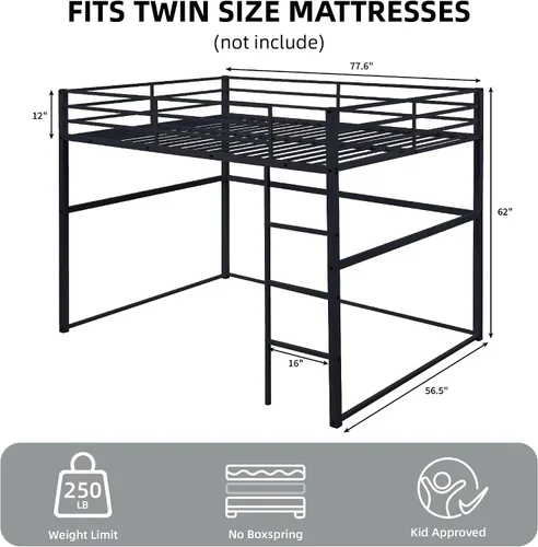 Miniatura 3 de Cama alta de metal tamaño matrimonial con barandillas de seguridad y escalera para adultos, niños, adolescentes, diseño duradero, ahorro de espacio