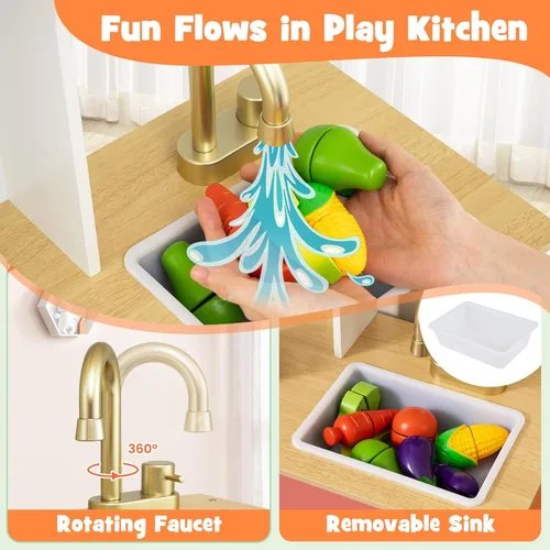 Miniatura 3 de Costzon Cocina de juego para niños, juego de cocina Little Chef con microondas, estufas, pomos de rotación, dispensador de hielo, grifo, fregadero