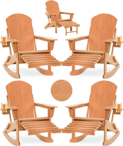 Miniatura 23 de Mecedora plegable Adirondack, silla de patio multifuncional 4 en 1 con otomana retráctil, silla de exterior con textura de madera, silla de césped