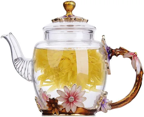Miniatura 9 de Tetera creativa de cristal de flores para té de Kung Fu, buen regalo para hermana, mamá, abuela, profesores (rosa azul)