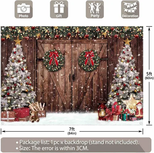 Miniatura 3 de Telón de fondo de tela de 2,1x1,5 m, diseño rústico de Navidad, granero de invierno, árbol de Navidad, nieve, regalos, Papá Noel, fondo