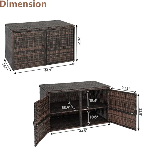 Miniatura 6 de Henf Caja de almacenamiento de mimbre para exteriores, caja de mimbre para patio con puertas dobles y estante, organizador de almacenamiento