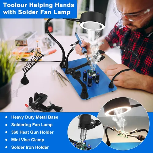 Miniatura 2 de Toolour Manos magnéticas que ayudan a soldar herramientas de tercera mano con luz extractora de humos de soldadura, abrazadera de tornillo
