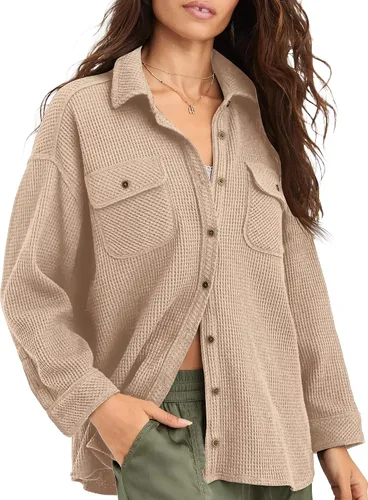 Miniatura 4 de Fengbay Chaqueta de punto gofre para mujer, casual, manga larga, con botones, blusas elegantes
