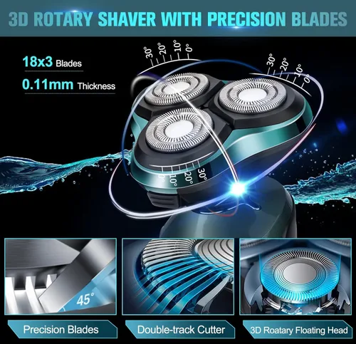 Miniatura 3 de Maquinilla de afeitar eléctrica para hombres, afeitadoras eléctricas para rostros de hombres, hoja desmontable 3D giratoria para afeitar con Verde