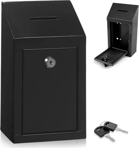 Miniatura 13 de Caja de metal para colección benéfica segura con ranura y montaje en pared, caja de caída de 8.5 x 6.5 x 4 pulgadas para el hogar y la oficina Blanco