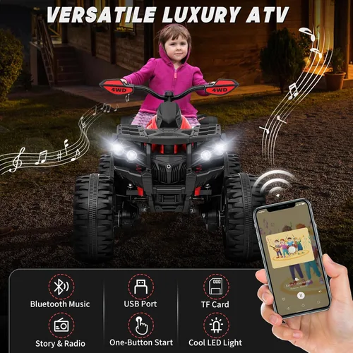Miniatura 6 de ATV 4 ruedas para niños, juguetes de paseo de 24 V 4WD con 2 plazas, motor potente de 4 x 200 W, funciona con batería de 9 AH, música Bluetooth, Rojo