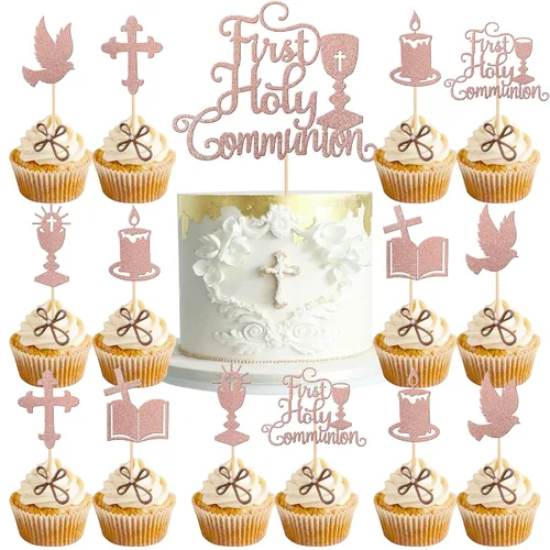 Miniatura 14 de 24 piezas de decoración para cupcakes con purpurina y paloma para magdalenas, para primera comunión, tema de bautismo cristiano, baby shower, fiesta