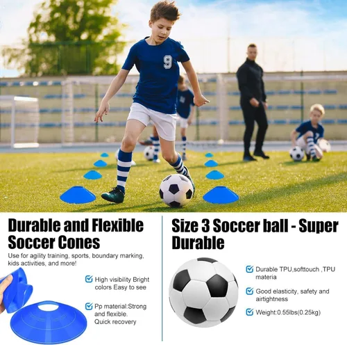 Miniatura 6 de Juego de 2 redes de fútbol portátiles con pelota, conos, kit completo de equipo de entrenamiento para niños pequeños, jóvenes, niños de 3 a 14 años