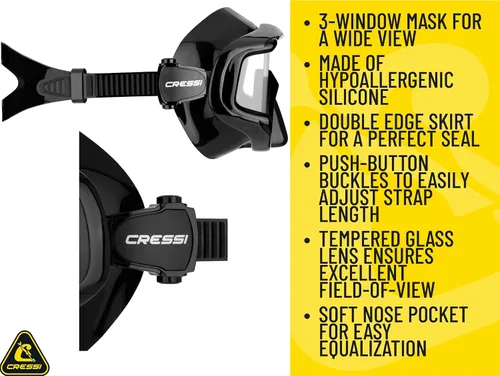 Miniatura 3 de Cressi Panoramic Wide View Mask & Dry Snorkel Kit for Snorkeling, Scuba Diving - Pano 3 & Supernova Dry: Designed in Italy