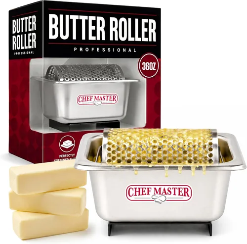 Chef Master - Dispensador de rodillos de mantequilla de acero inoxidable para panes y pan, con capacidad para 3 varillas (36 onzas), rueda apta para