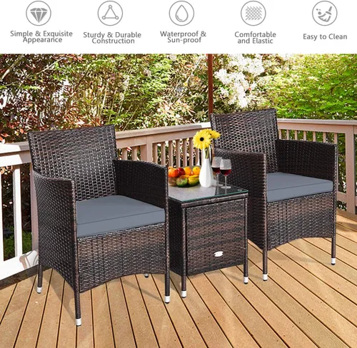 Miniatura 3 de RELAX4LIFE Juego de 3 muebles de patio con cojines extraíbles, juego de conversación de ratán al aire libre con mesa de centro cuadrada, juego de 3