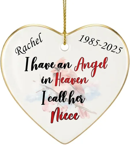 Miniatura 24 de Adorno de Navidad conmemorativo personalizado 2025 – Recuerdo de cerámica en forma de corazón – Tengo un ángel en el cielo I Call Her Primo – Regalo