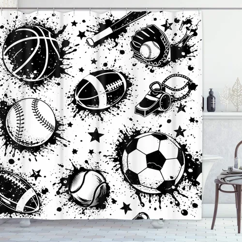 Emvency Cortina de ducha abstracta para niños, patrón de fútbol urbano, con pelota, colores blanco y negro, color oscuro grunge repetido, tela de