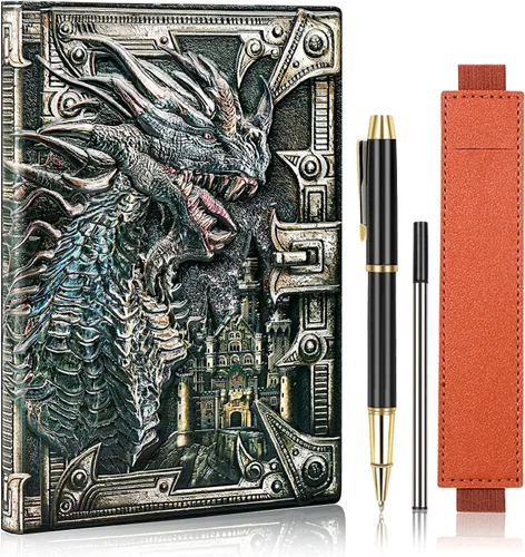 Miniatura 8 de DND - Cuaderno de Dungeon and Dragon de cuero en relieve 3D, diario de dragón con bolígrafo negro y funda para bolígrafo, diario de viaje vintage
