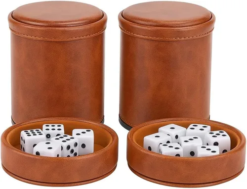 Taza de dados de piel sintética marrón con tapa, taza de terciopelo interior silenciosa con 6 dados para juegos de dados mentirosos, Farkle/Yahtzee,