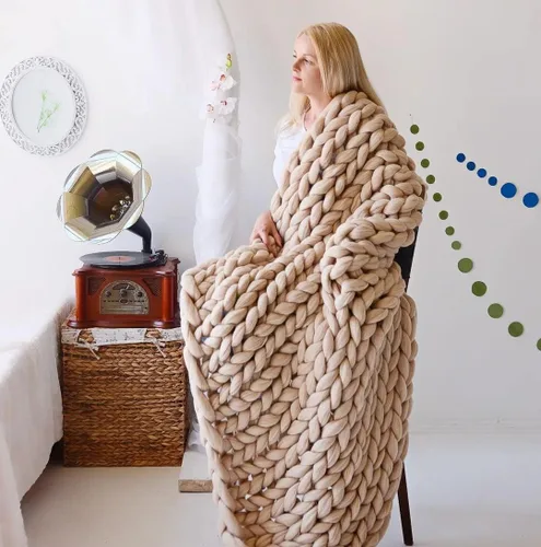 Manta de punto grueso de 50 x 60 pulgadas, manta gigante tejida a mano con hilo 100% de lana merina, hecha a mano para cama, sofá, manta bohemia