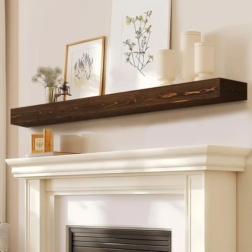 Miniatura 51 de Repisa de chimenea de 48 pulgadas, madera maciza rústica hecha a mano de 3 pulgadas de grosor, estante flotante largo de pared con soporte de metal