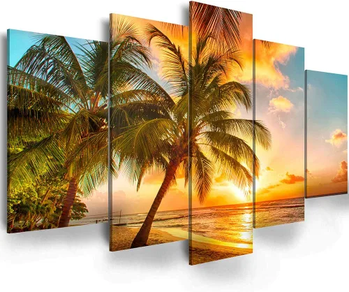 Arte de pared de paisaje marino dorado, océano, playa, arte de pared acogedor, moderno, océano, puesta de sol, mar, playa, lienzo, pinturas sobre