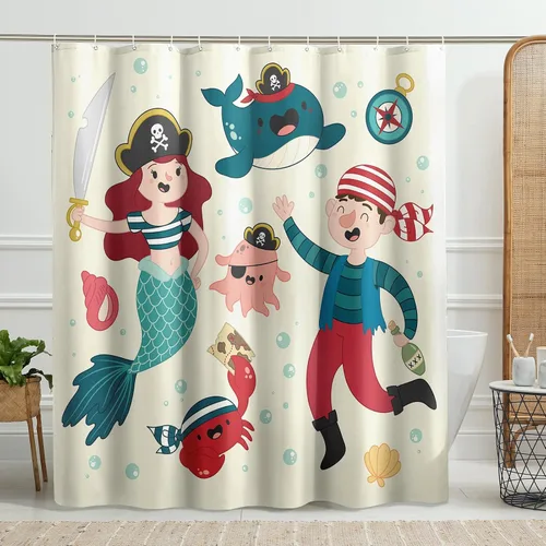 Cortina de ducha de sirena con ganchos, diseño náutico de dibujos animados, pirata, ballena, océano, pulpo, divertido, beige, poliéster,