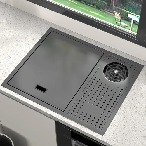 Miniatura 4 de Fregadero oculto de acero inoxidable negro de caída lenta para isla central, autocaravana, encimera estilo occidental, incluye grifo giratorio