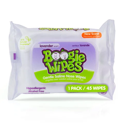 Boogie Toallitas suaves para la nariz con solución salina, 45 unidades, aroma a lavanda, hipoalergénicas y sin alcohol, alivio de alergias, hechas