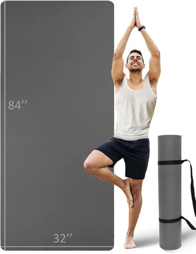 Extra Long & Wide Thick Yoga Mat for Tall Men & Women, 84'' x 32'' x 7mm Oversized Yoga Mat Double-Sided Non Slip, Pro TPE Yoga Mats with Strap Gris