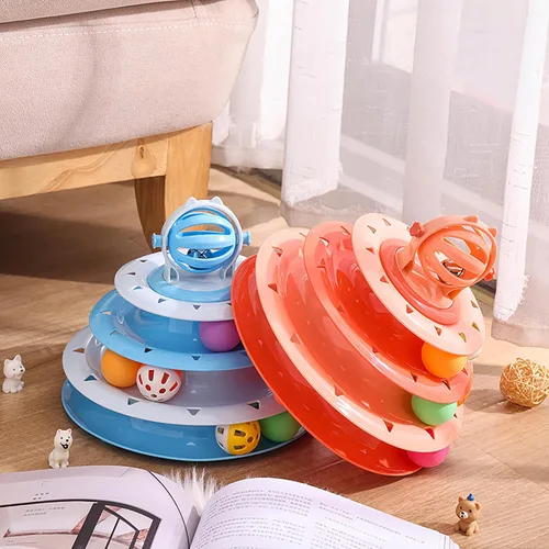 Miniatura 3 de Vealind Rodillo de juguete para gatos, plato giratorio de 4 niveles, bolas de juguetes para gatos con 14 bolas de pompones coloridos, diversión