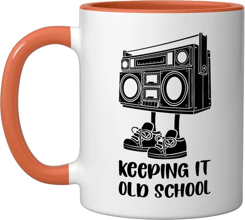 Keeping It Old School 80s 90s Retro Cassette Radio Ceramic Mug, Orange/White