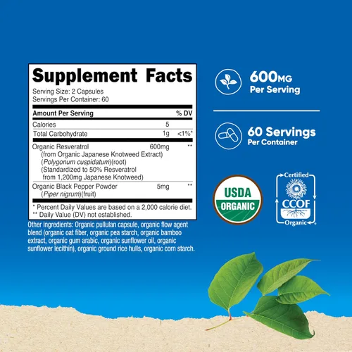 Miniatura 2 de Nutricost Resveratrol orgánico (600 mg) 120 cápsulas - USDA orgánico, certificado CCOF, vegano, sin OMG, sin gluten, 60 porciones