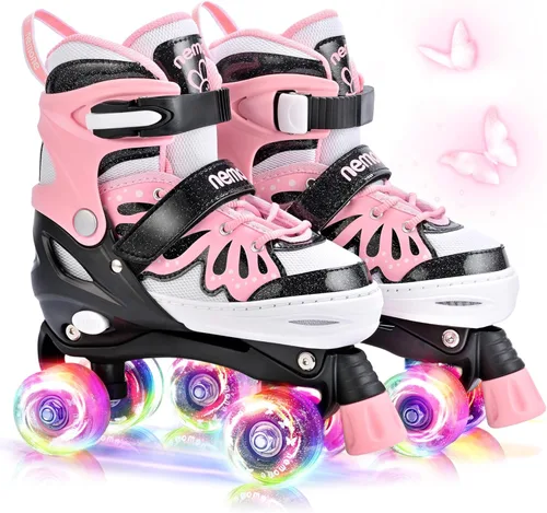 Miniatura 15 de NEMONE - Patines de sirena con ruedas iluminadas y 4 tamaños ajustables para niñas, azul y morado, para niños pequeños, para principiantes, de C