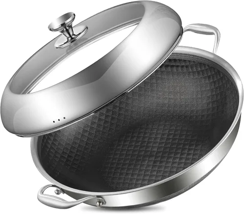 Miniatura 7 de DELARLO Wok con Tapa de 12 Pulgadas Wok Antiadherente, Apto para Horno Hasta 600℉, Woks y Sartenes para Freír Antiadherentes, Wok de Acero