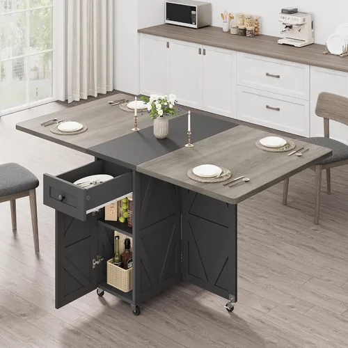 Jocoevol Mesa de comedor plegable ahorradora de espacio para 4, mesa de comedor plegable estilo granja con cajón y estante de almacenamiento de 2