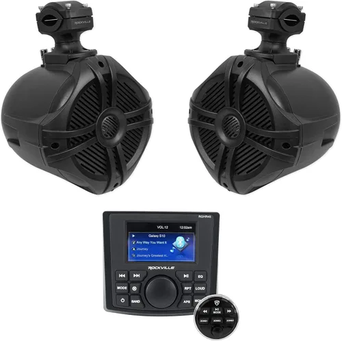 Rockville Paquete RGHR45: 1 receptor de orificio de calibre marino con Bluetooth, USB, AM/FM + (1) par RWB70B Negro 6.5" 250W Wakeboard Marine