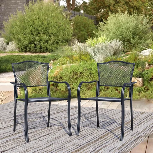Miniatura 15 de Juego de 2 sillas de comedor para patio, sillas de comedor apilables negras para exteriores, juego de muebles de patio de metal para jardín, patio
