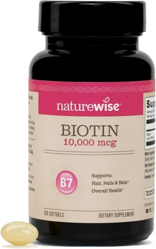 NatureWise Cápsulas blandas de biotina de alta potencia de 10,000 mcg, biotina para el crecimiento del cabello, mujeres y hombres + soporte para la
