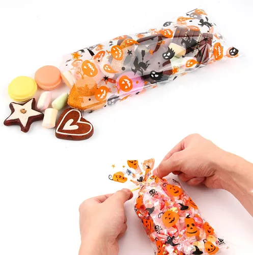 Miniatura 4 de LOMIMOS 150 bolsas de dulces de celofán de Halloween, bolsas de plástico transparente con 300 lazos giratorios para aperitivos, galletas