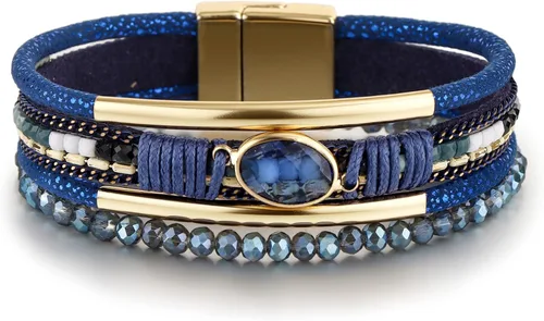 Miniatura 8 de Edoneery - Pulsera envolvente de cuero para mujer, brazalete de puño de múltiples capas hecho a mano estilo bohemio con cuentas de cristal